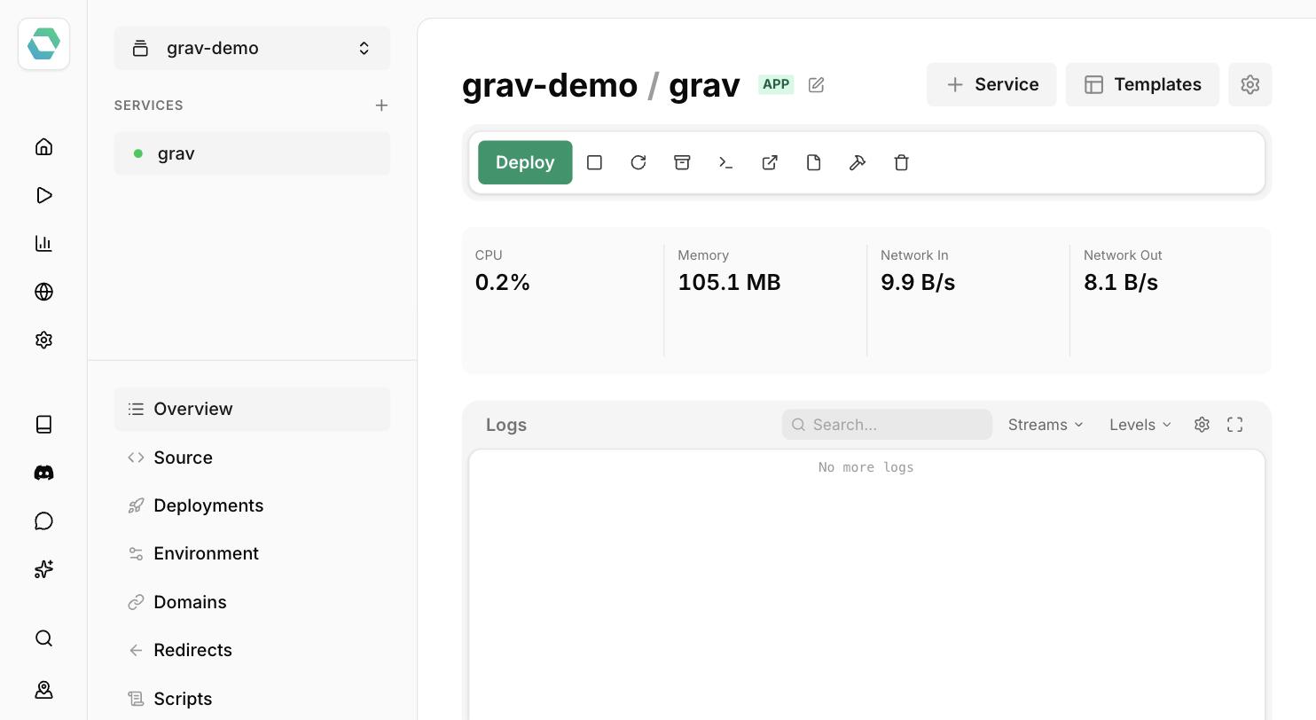 Grav running in the Easypanel panel