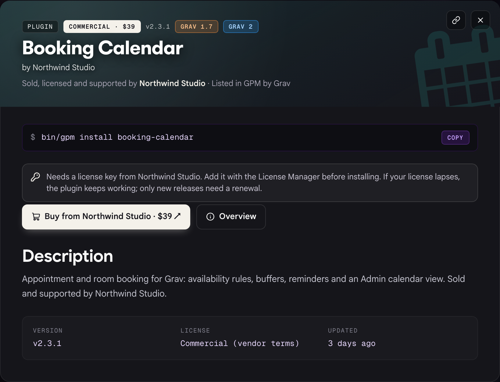 Package details for a Commercial plugin