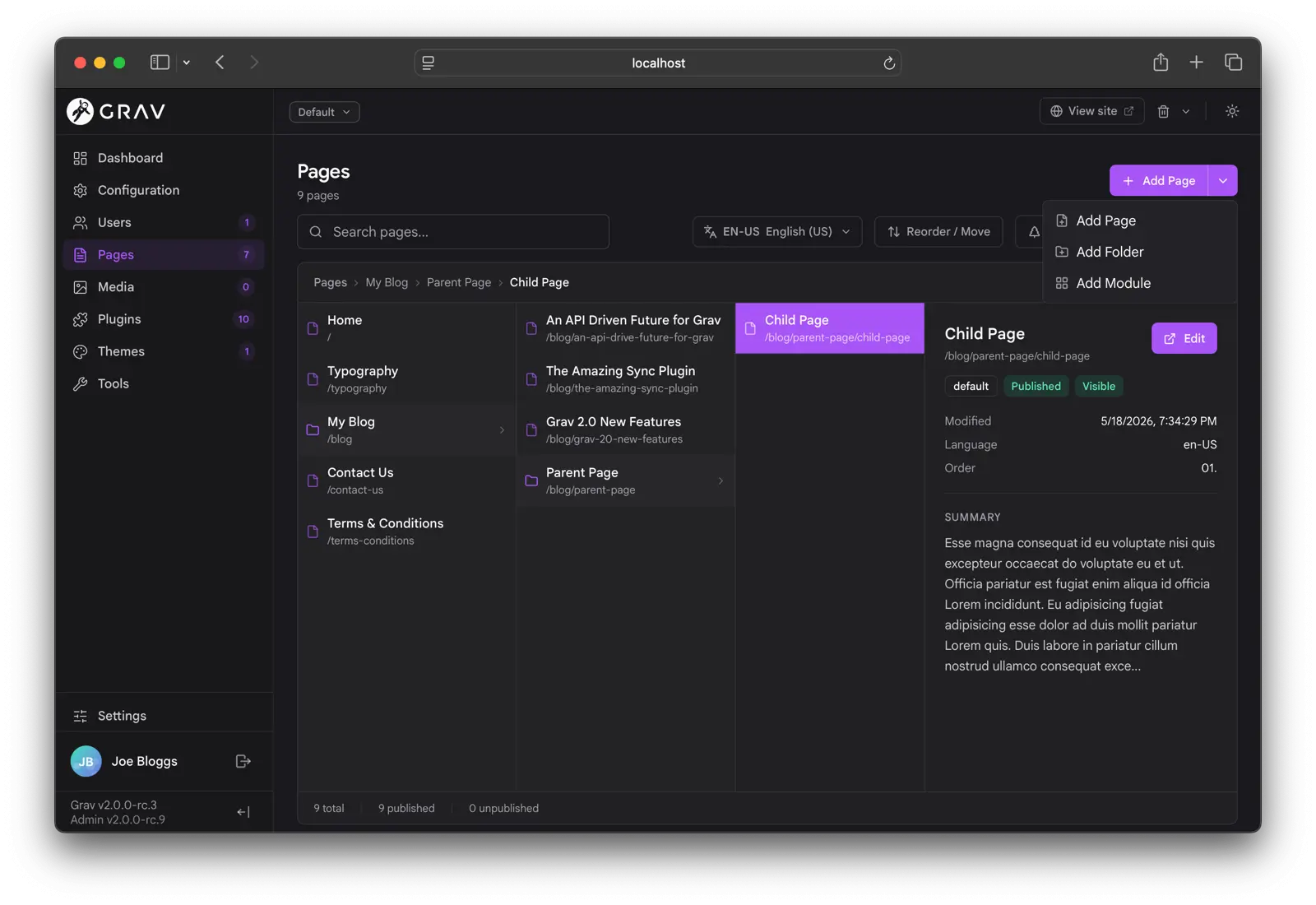 Admin Next columns view and add-page form