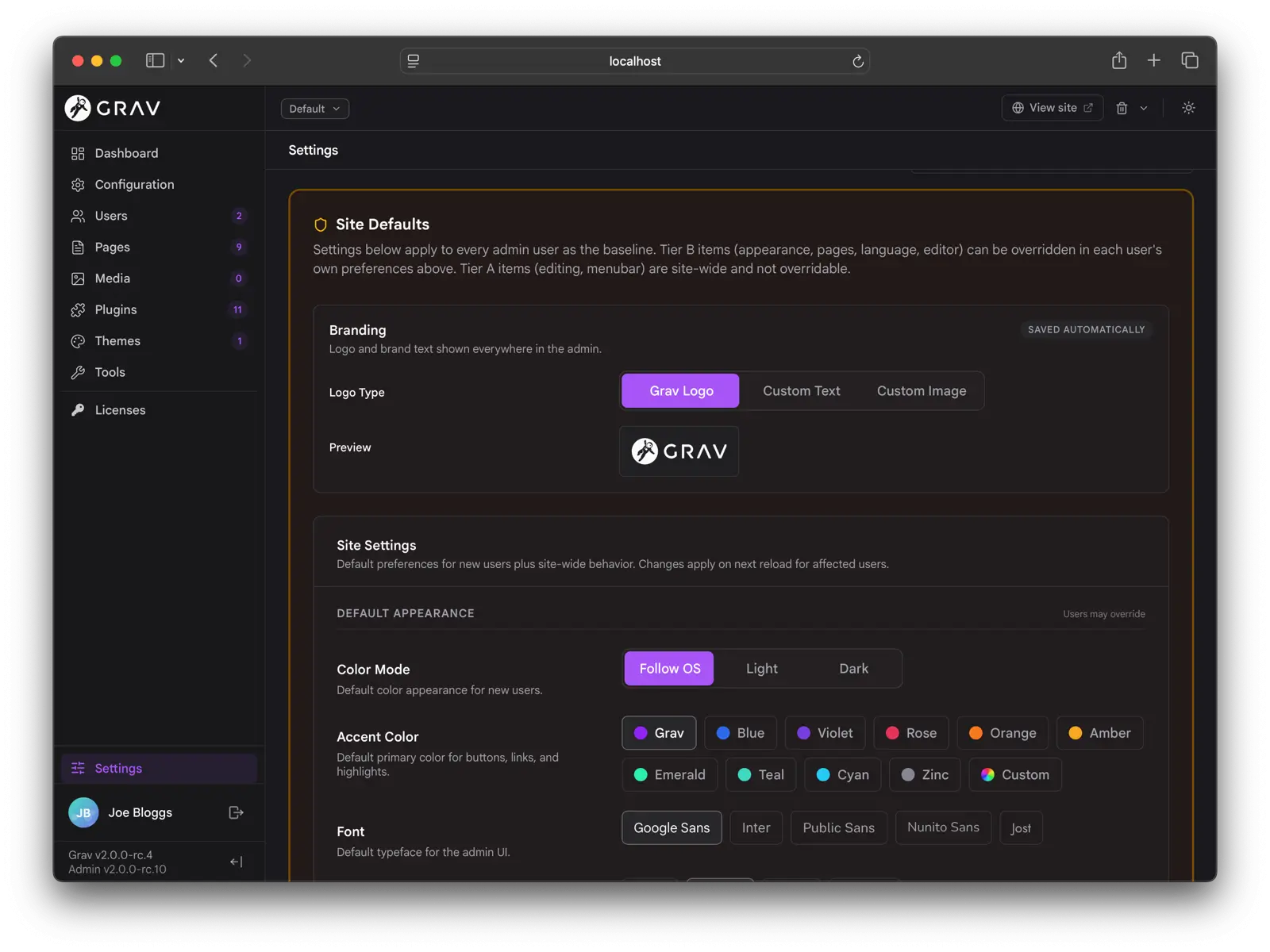 Admin Next site defaults