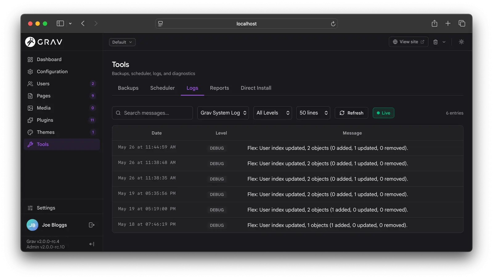 Admin Next logs viewer