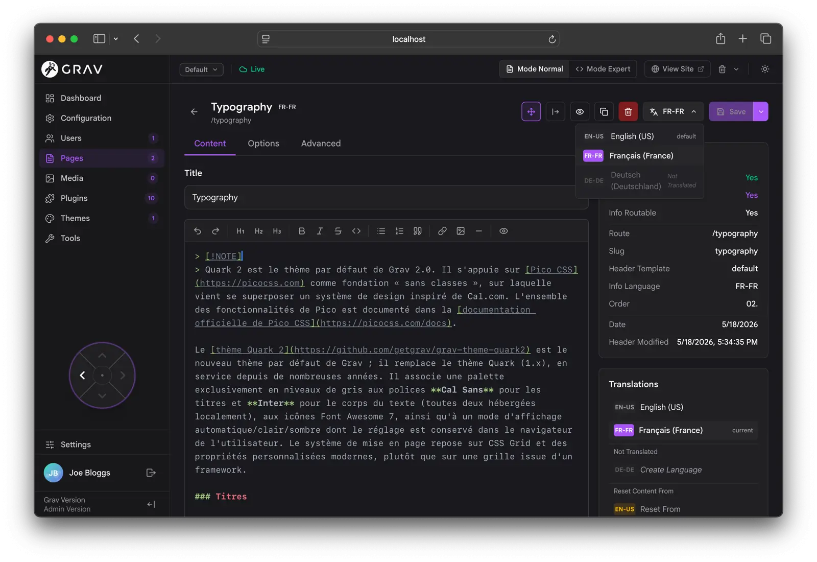 Admin Next multi-language page editor