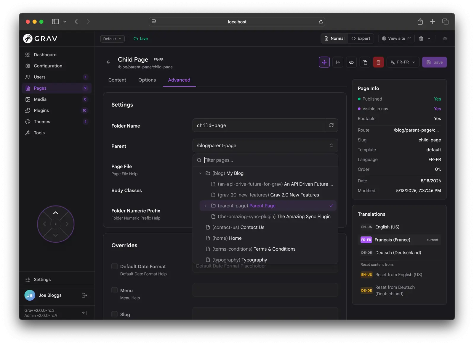 Admin Next advanced page settings