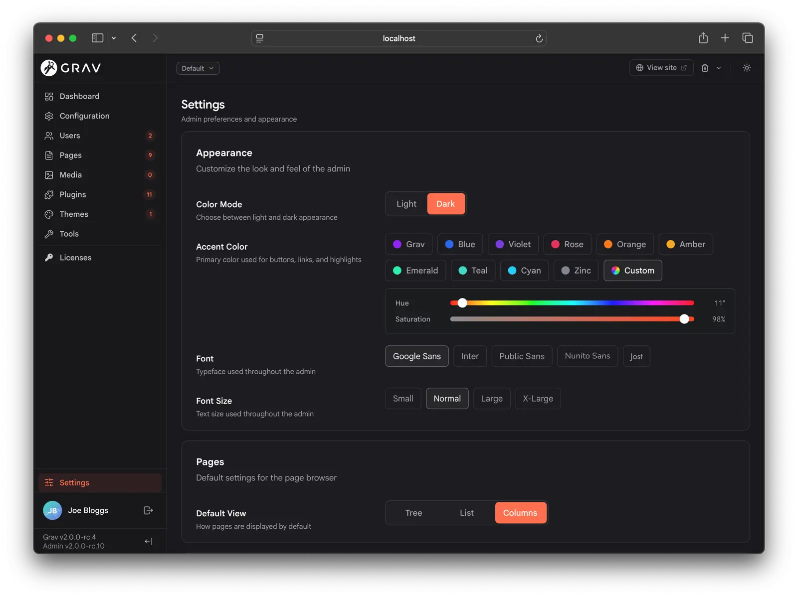 Admin Next settings