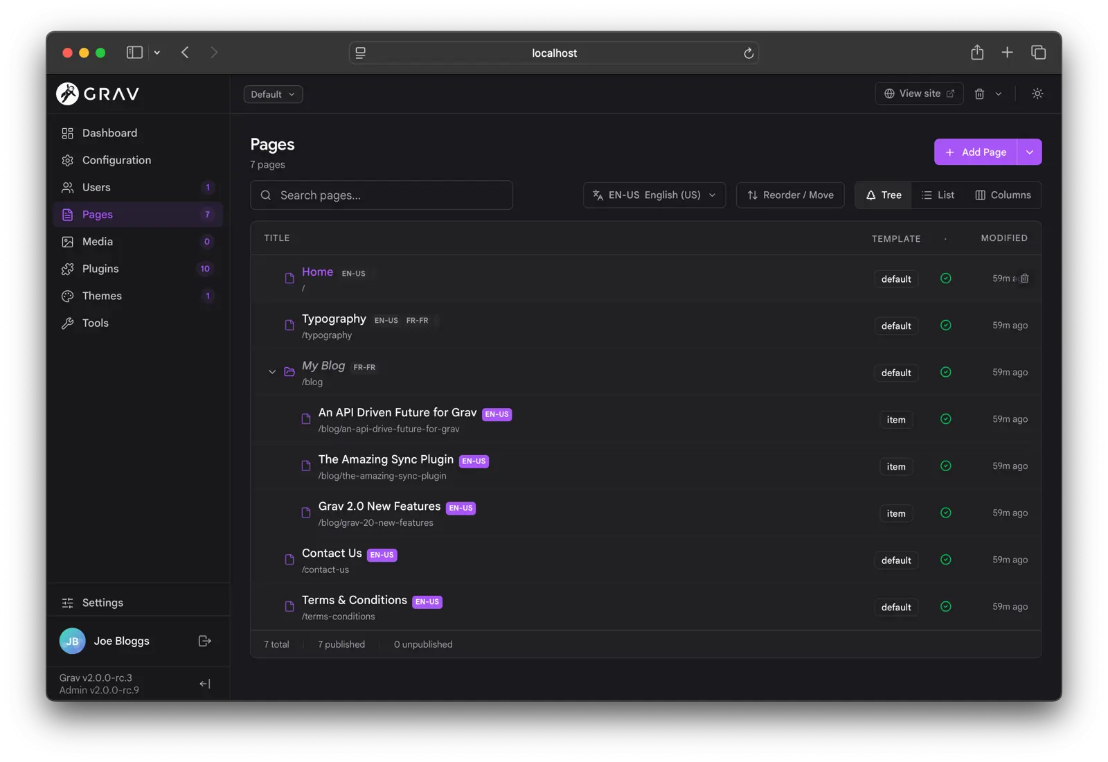 Admin Next pages tree view