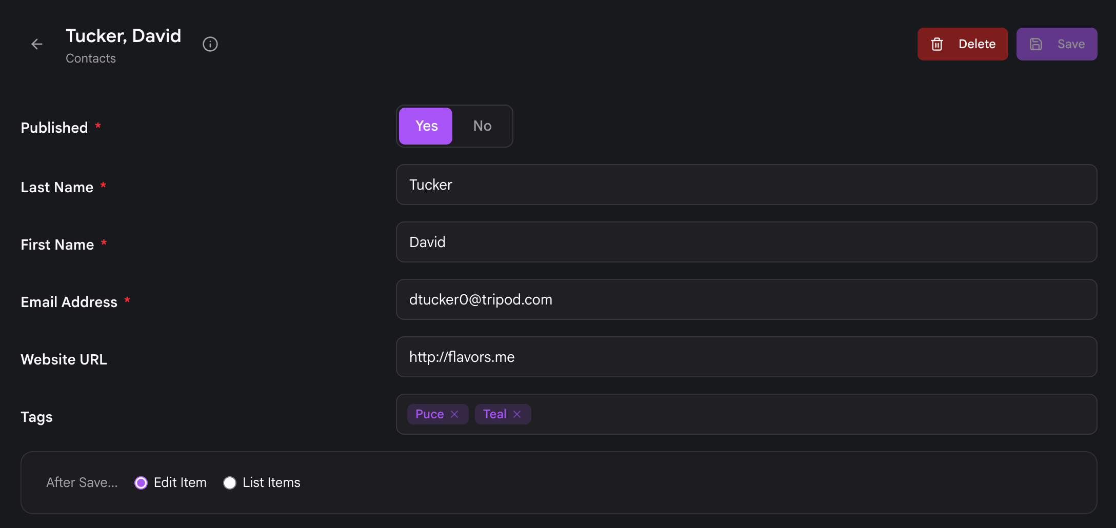 The Contacts object editor generated from the blueprint, with Published, Last Name, First Name, Email, Website, and Tags fields and an After Save option