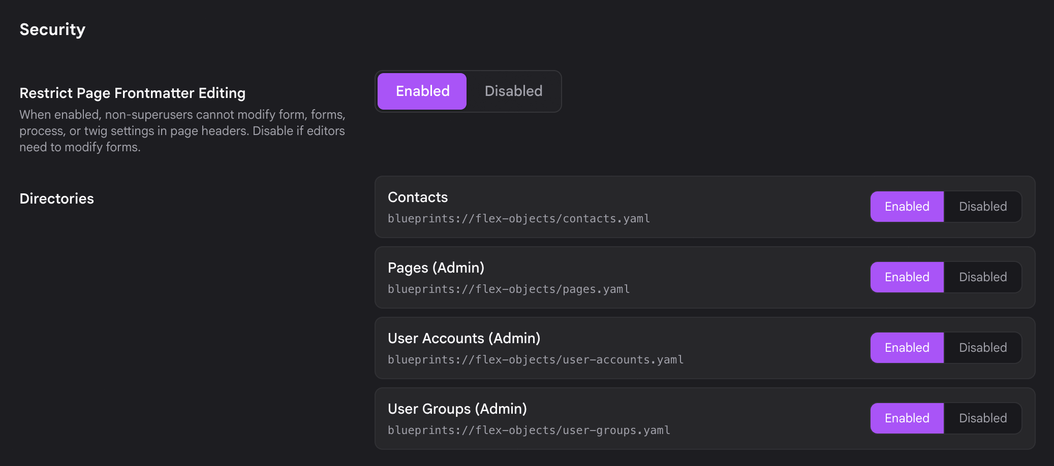 The Flex Objects plugin settings, with Contacts toggled on in the Directories field